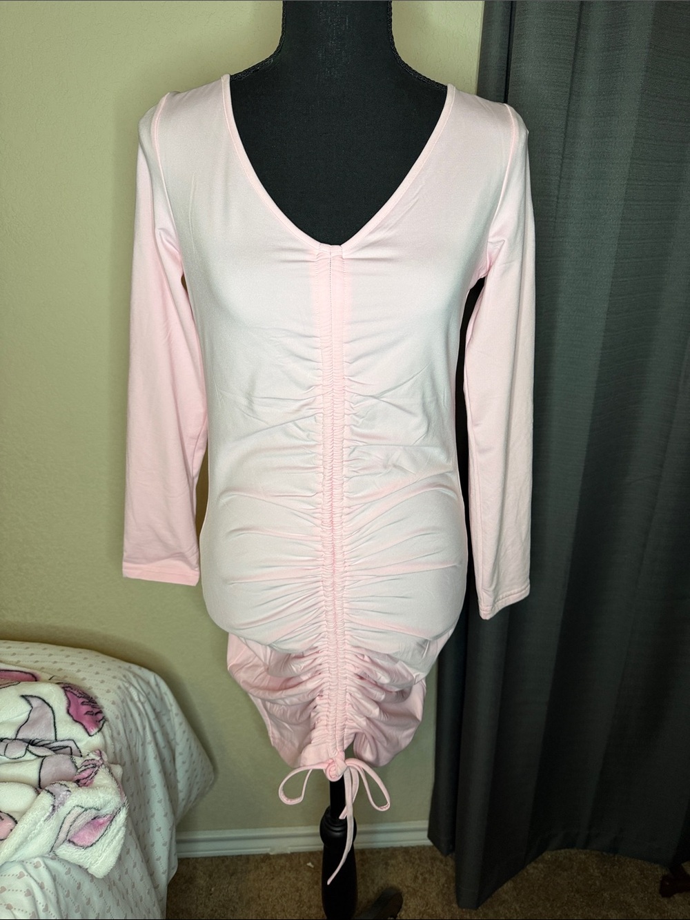 SHEIN Light Pink Ruched Long Sleeve V-Neck Dress